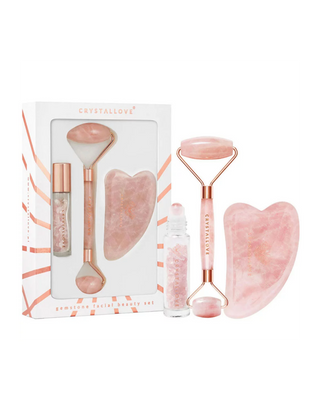 Face roller + gua sha talíř + roll-on lahvička Rose quartz beauty set Crystallove - 1