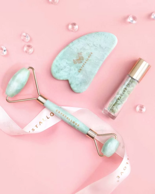 Face roller + gua sha talíř + roll-on lahvička Jade beauty set Crystallove - 2