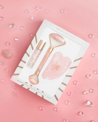 Face roller + gua sha talíř + roll-on lahvička Rose quartz beauty set Crystallove - 2