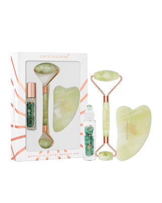 Face roller + gua sha talíř + roll-on lahvička Jade beauty set Crystallove - 1